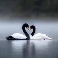 Swans elegantly forming a heart shape on a foggy lake at dusk photo