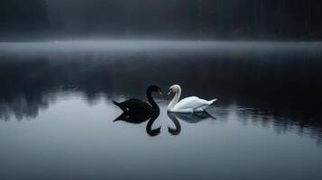 Swans gracefully meet on a misty lake at dawn photo