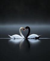 Elegant swans create a heart shape in tranquil lake water at dawn photo