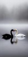 Swans display affection on a misty lake at dawn photo