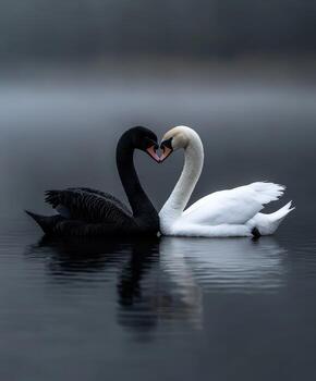 Swans create a heart shape as they connect in a misty lake photo