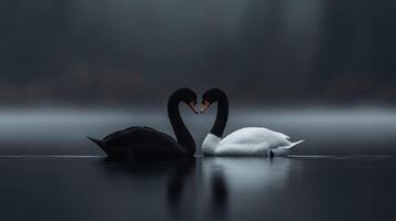 Two swans forming a heart shape against a misty lake in the early morning photo