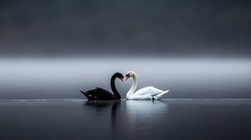 Black and white swans swimming peacefully in a misty lake at dawn photo