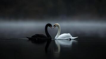 Swans forming a heart shape in foggy lake at dawn photo