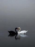 Black and white swans gracefully interact on serene water reflections photo