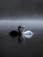 Black and white swans mirror each other in a misty lake at dawn photo