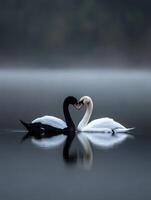 Elegant swans forming a heart shape on a misty lake at dawn photo