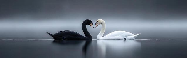 Elegant black and white swans creating a heart shape in calm water photo