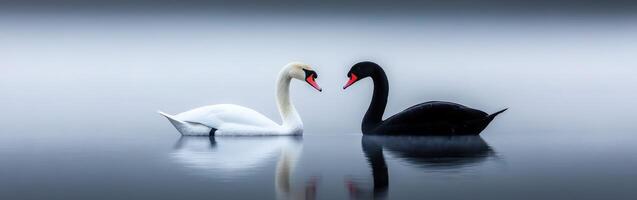 Swans interacting on a misty lake at dawn, showcasing contrast in colors photo