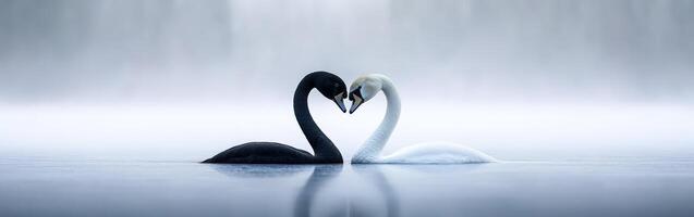 Swans form a heart shape while gliding gracefully on a misty lake photo