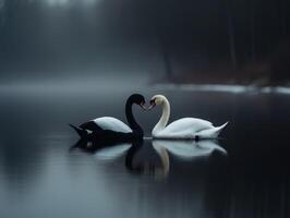Swans and black swan in a foggy lake at dawn creating a serene atmosphere photo