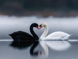 Black and white swans sharing a moment on a tranquil lake at dawn photo