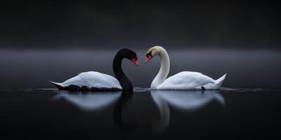 Swans swimming serenely in calm water during a misty morning photo