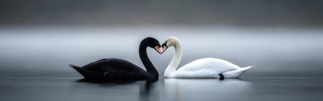 Swans forming a heart shape together on a serene lake during twilight photo
