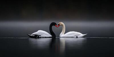 Black and white swans create heart shape on calm water at dawn photo