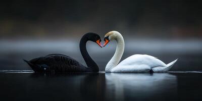 Swans create a heart shape in serene lake during early morning hours photo
