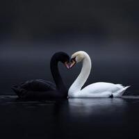 Black and white swans gracefully entwined on a calm lake at dusk photo