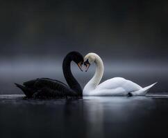 Elegant black and white swans embracing in serene waters at dawn photo