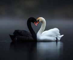 Two swans create a heart shape on a calm lake at dawn photo