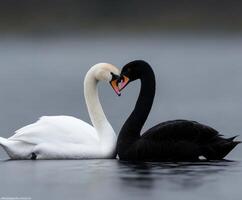 Contrast of elegance with black and white swans in tranquil water photo