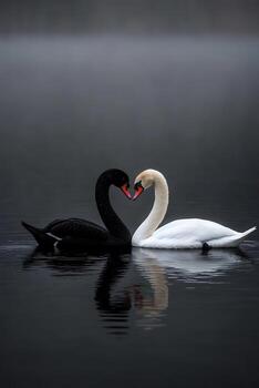 Black and white swans create a heart shape in misty water at dawn photo