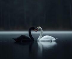 Two swans share a moment of connection on a misty lake at dawn photo