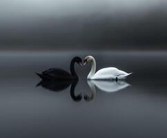 Black and white swans creating a heart shape on still water at dawn photo