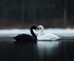Swans in love on a serene winter lake at dusk photo