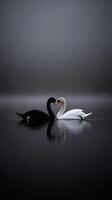 Two swans create a heart shape while floating on a misty lake photo