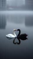 Swans swimming gracefully in a foggy urban landscape at dawn photo