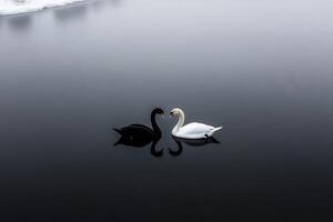 Black and white swans interacting on calm water during winter photo