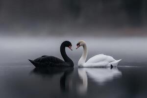 Swans and black swan gracefully glide together on a misty lake at dawn photo