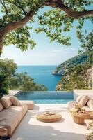 Relaxing luxury retreat with stunning ocean view in bright sunlight photo
