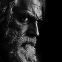 Portrait of a wise elder man with a striking beard and intense gaze photo