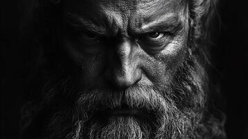 Intense portrait of an elderly man with a thick beard and piercing gaze photo