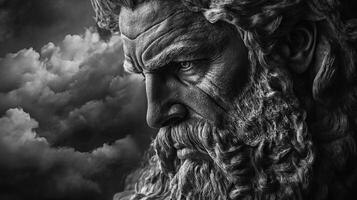Mythical figure with long hair and beard amid dark clouds photo