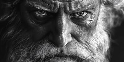 Intense gaze of an older man with long white hair and beard in black and white photo