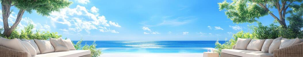 Relaxing beachfront terrace with stunning ocean view on a sunny day photo