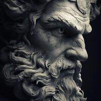 poderoso mármol escultura representando un antiguo griego Dios con intenso expresión foto