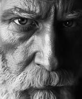 Close-up portrait of an older man with intense expression and textured skin photo