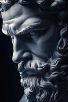 Close-up of an ancient marble sculpture depicting a strong figure with a beard photo