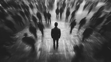 Mysterious figure surrounded by blurred crowd in urban setting photo