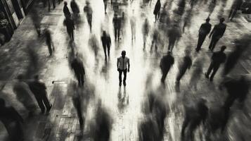 Lonely figure surrounded by a blur of people in a bustling urban setting photo