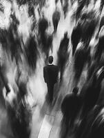 Man in suit stands still among a bustling crowd in motion photo