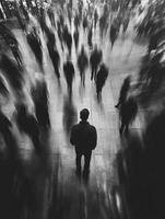 Busy urban station captured in noir style with focused figure amid blur photo