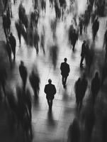 Mysterious crowd of figures walking through a dimly lit urban space photo