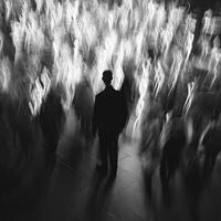 Mysterious figure stands alone among a blur of motion in a noir setting photo