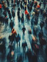 Lonely figure amidst a crowd in a bustling urban setting at dusk photo