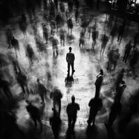 Dark atmosphere surrounds a solitary figure in a bustling crowd photo