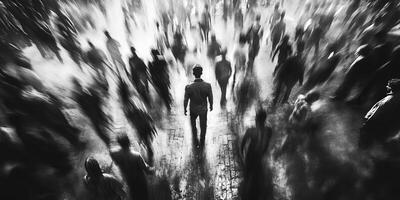 A lone figure stands amidst a bustling crowd in a city at dusk photo